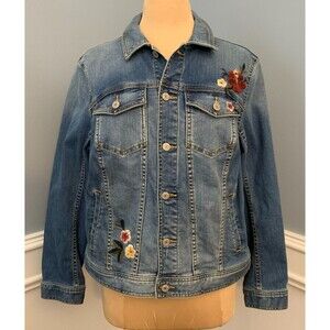 Talbots Jacket Womens 1X Denim Fall Floral Embroidered Trucker Blue Jean Button